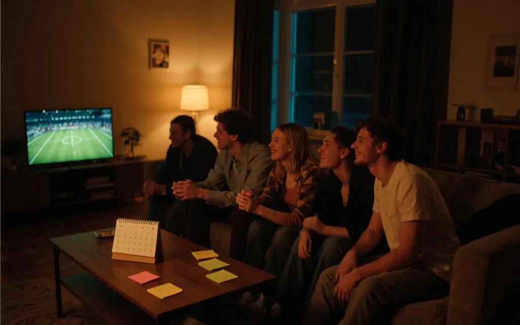 深夜客厅社交观赛场景，朋友围坐看球，桌上有日历与便签，光影电影感